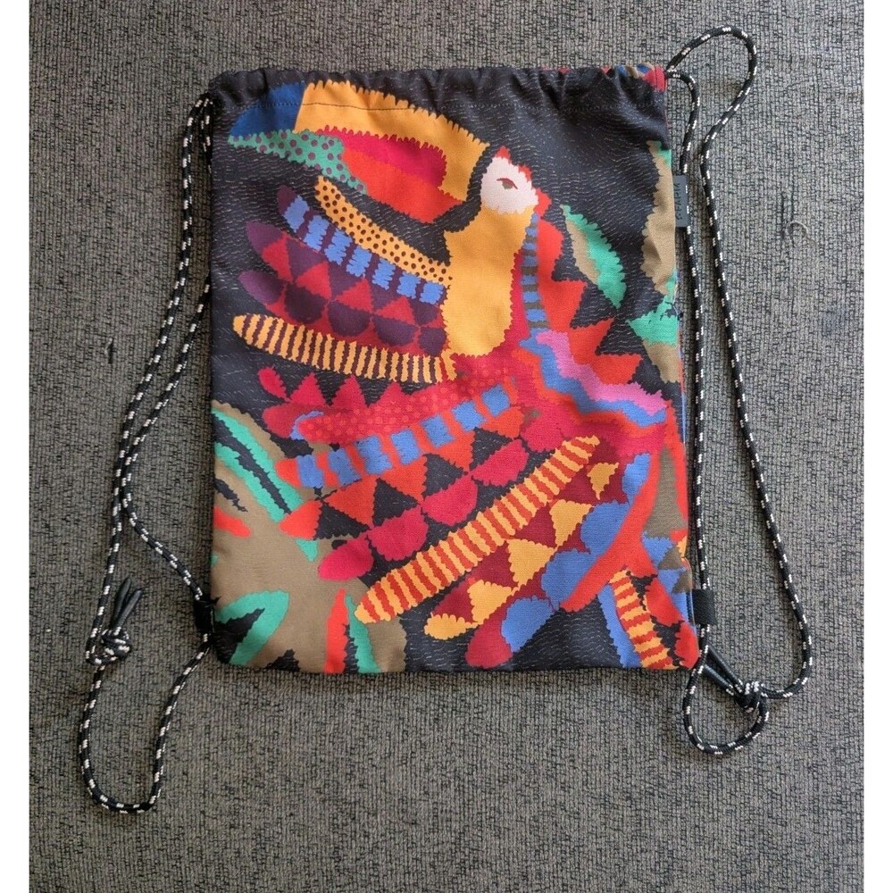 Farm Rio String Backpack Bag Tucan Festival Tropical Lightweight Black